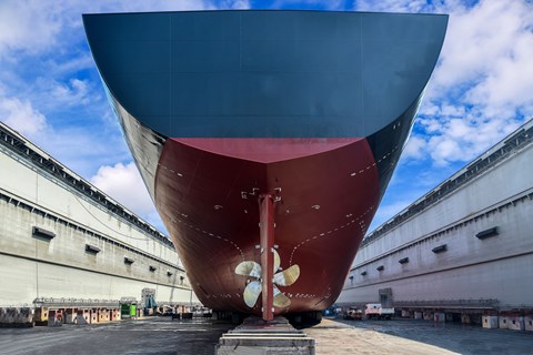 Stern of large ship in a dry dock