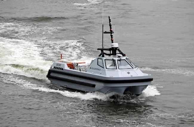 The ARCIMS unmanned surface vessel (USV) in operational mode, demonstrating its advanced autonomous capabilities in dynamic maritime environments.